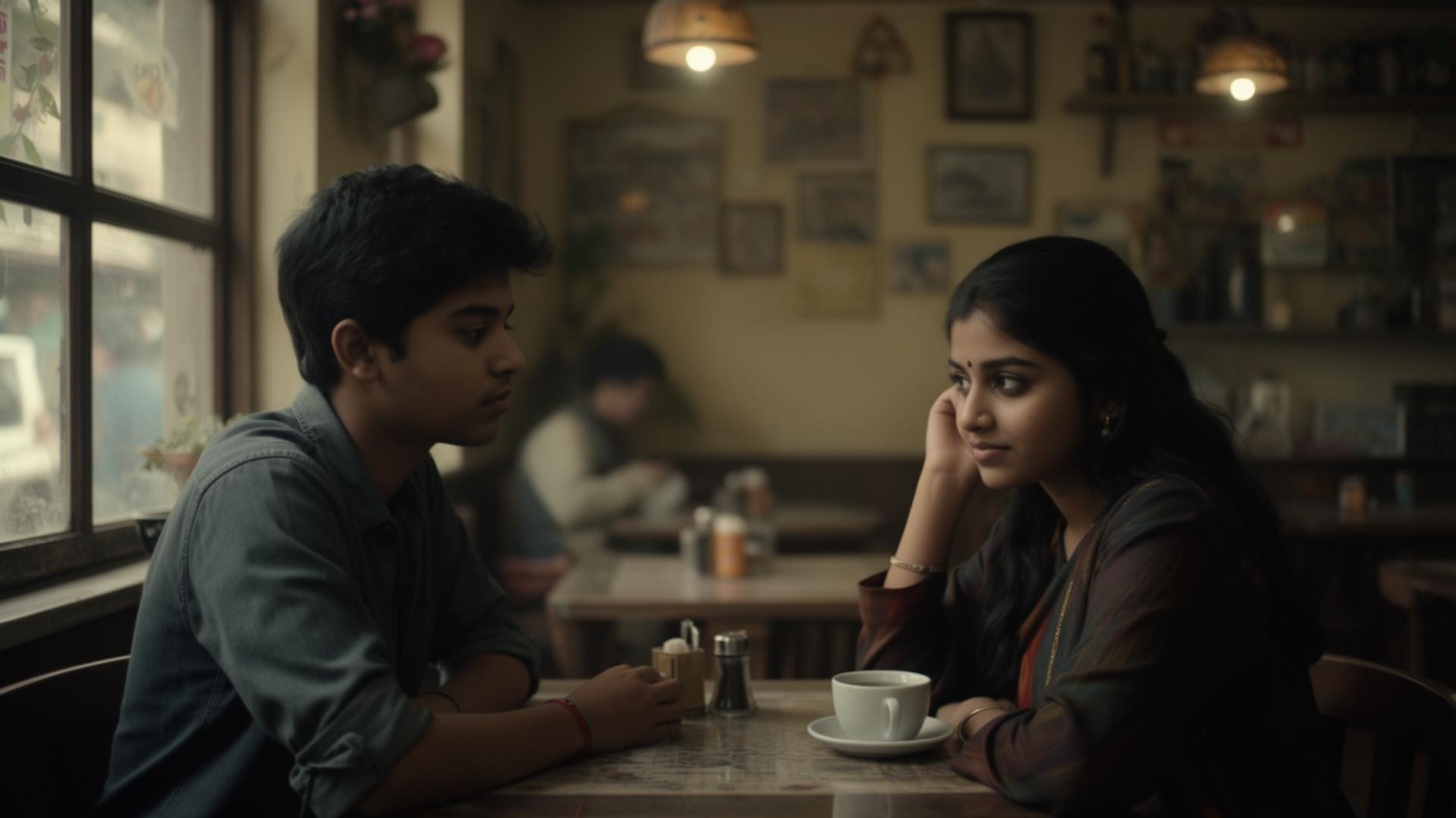 Two young people at a cafe, one looking away shyly